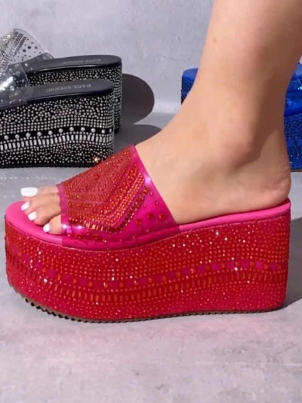 Women’s Platform Slide Sandals in Hot Pink with Crystal Embellishment